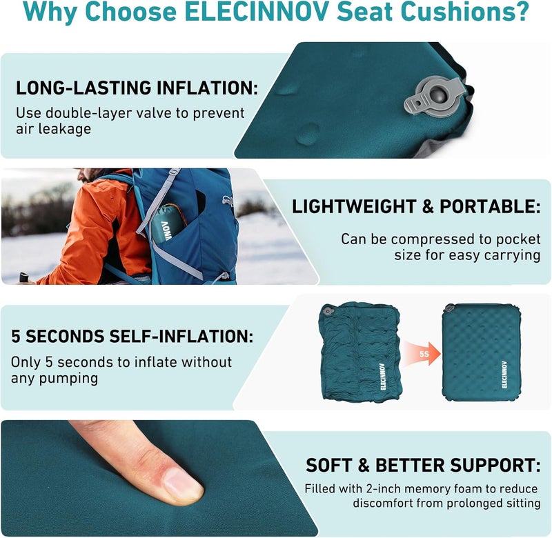 ELECINNOV Inflatable Seat Cushion, Self Inflating Memory Foam Stadium Seat Cushion Lightweight Camping Chair Pad Airplane Cushion for Long Flights Outdoor Travel Bleacher Office Car Backpacking (Blue) - Image 3